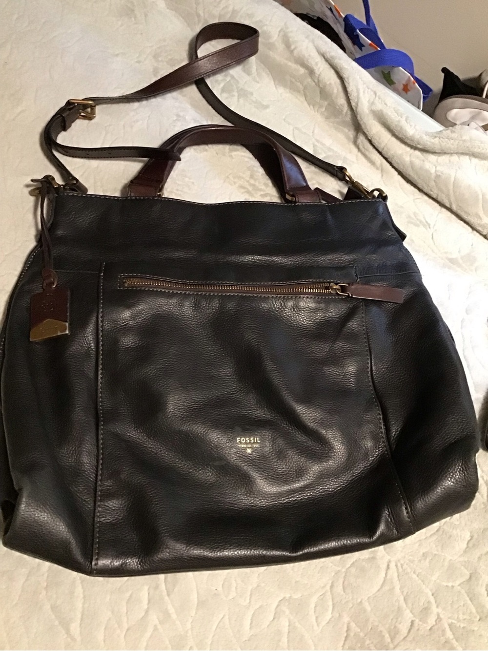 Fossil Black Leather Tote with Brown Handles